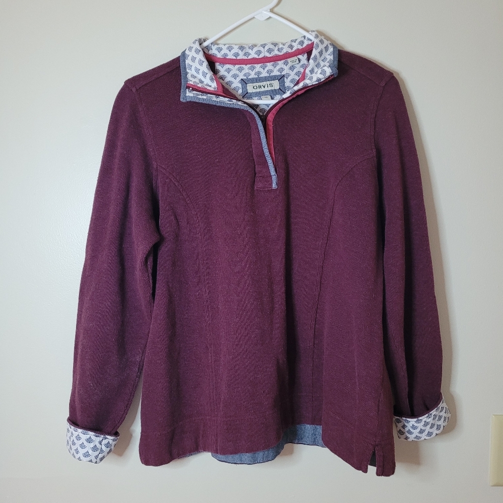 Orvis Womens Sz Medium maroon 1/4 Zip Sweater Ribbed Knit design Trim Sweatshirt